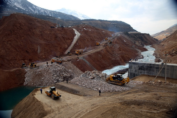 Hydroelectric power plant in Bostanlyk, Uzbekistan under construction circa 2021